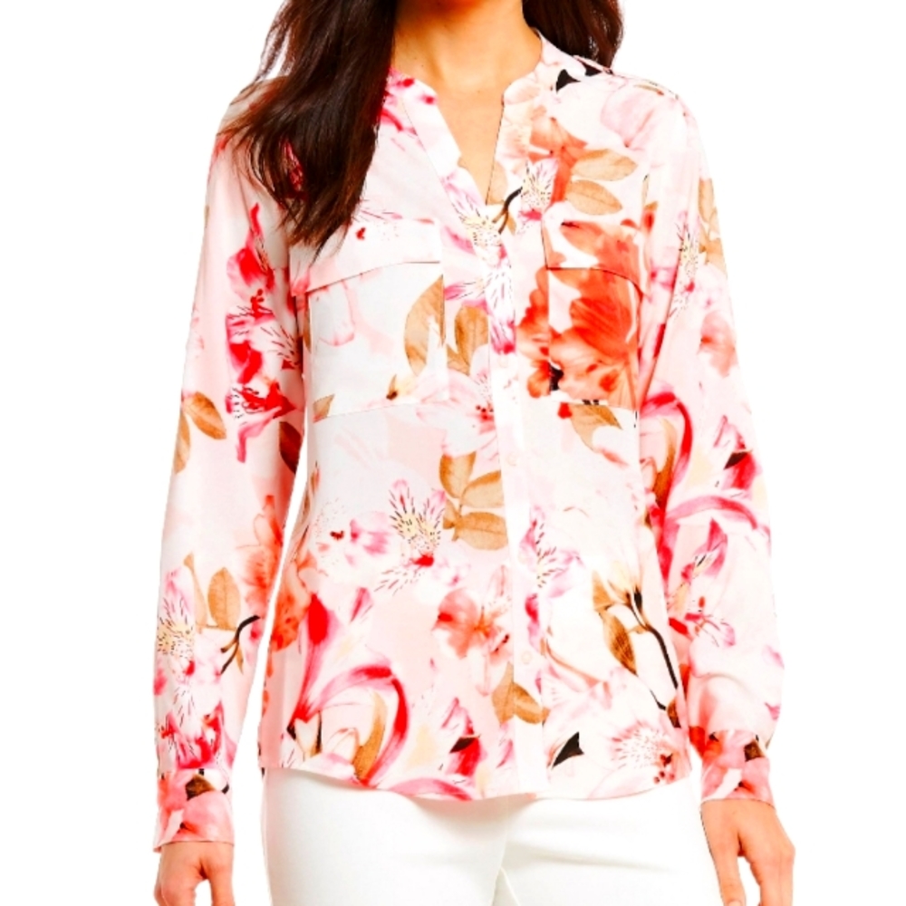 Calvin Klein Utility White Latte Bright Floral Blouse Sz 2X